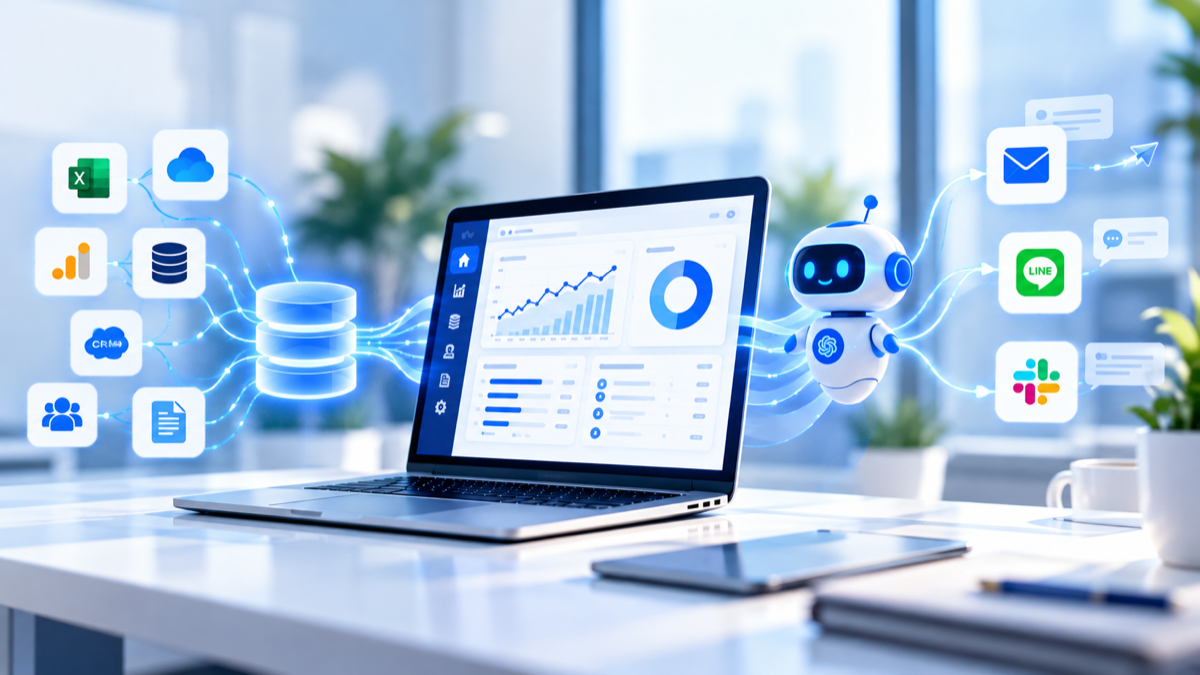 Excel・CRM・データベースのデータがつながり、AIを通じてレポートやメッセージ通知へ流れるイメージ